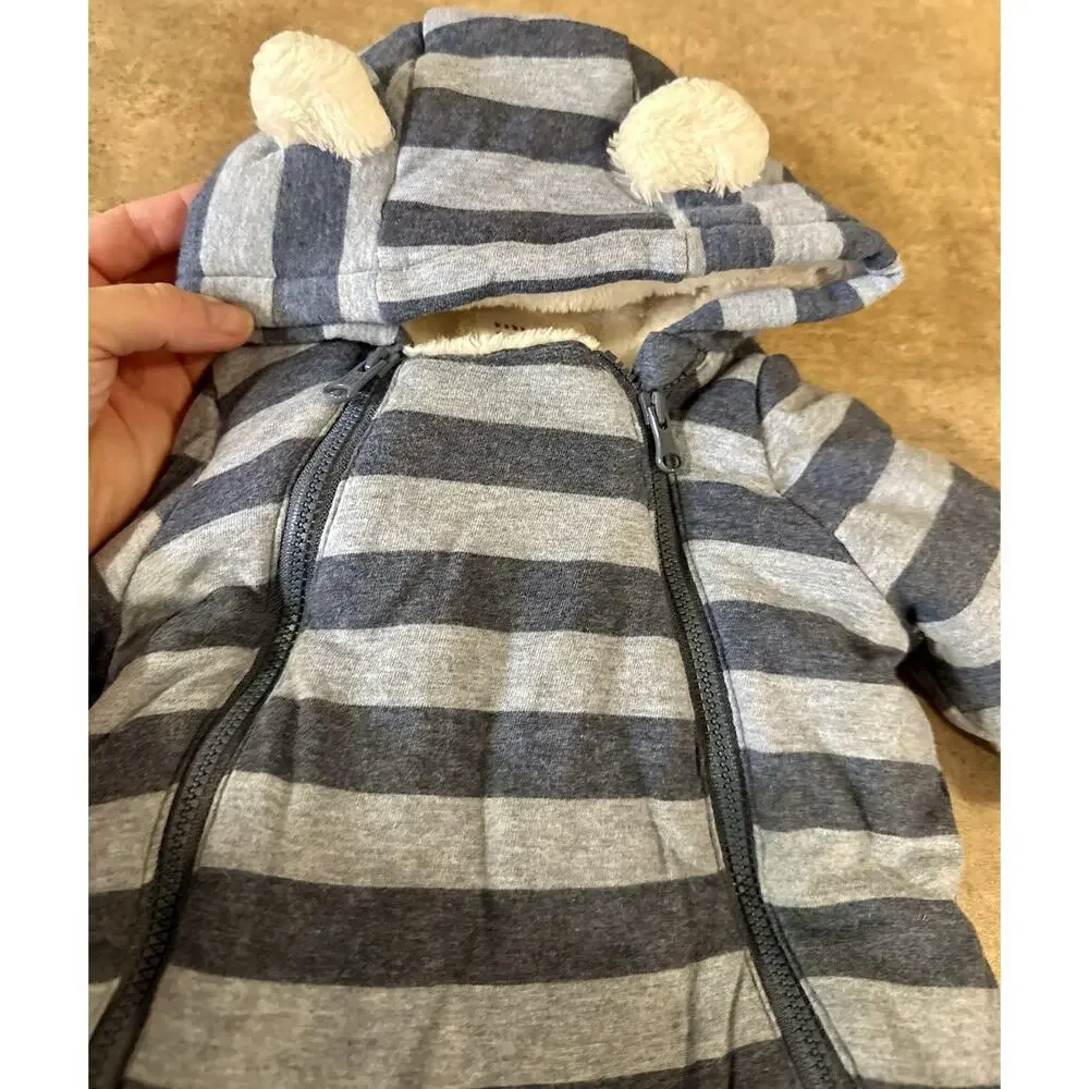 Baby Gap Winter Sherpa Lined Striped Snowsuit in Blue, Size 0-3Months